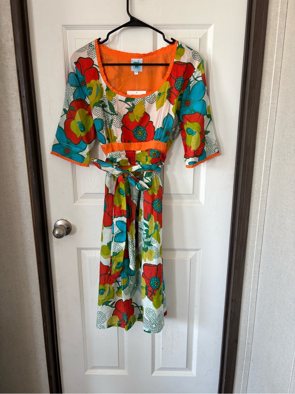 Karma Floral Tie-Waist Midi Dress in Orange, Teal and Red